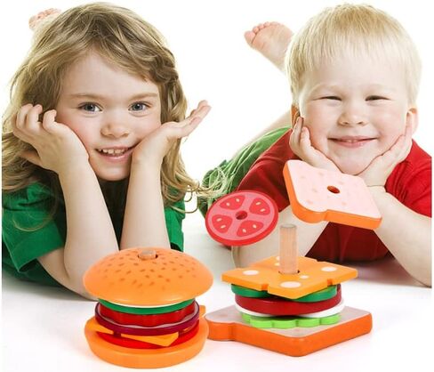 eamve Montessori Toys for Toddlers,Wooden Burger Sandwich Sorting & Stacking Toys for Toddlers and Kids Preschool,Burger Sandwitch Wooden Preschool Educational Toys for Gift 3,4,5 Years Old(2 Sets) in Kuwait