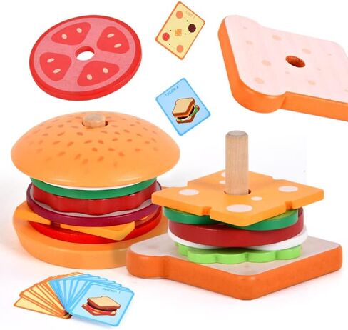 eamve Montessori Toys for Toddlers,Wooden Burger Sandwich Sorting & Stacking Toys for Toddlers and Kids Preschool,Burger Sandwitch Wooden Preschool Educational Toys for Gift 3,4,5 Years Old(2 Sets) in Kuwait
