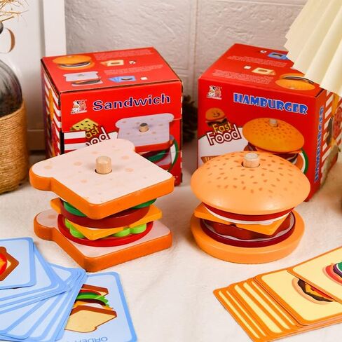 eamve Montessori Toys for Toddlers,Wooden Burger Sandwich Sorting & Stacking Toys for Toddlers and Kids Preschool,Burger Sandwitch Wooden Preschool Educational Toys for Gift 3,4,5 Years Old(2 Sets) in Kuwait