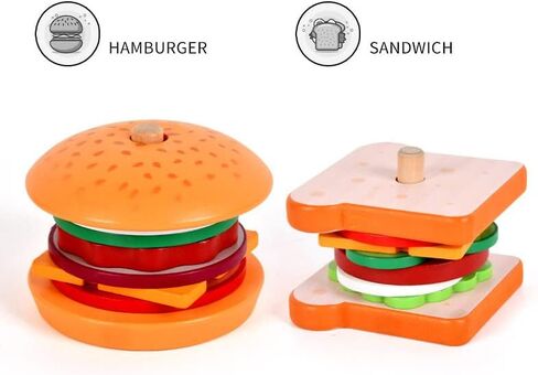 eamve Montessori Toys for Toddlers,Wooden Burger Sandwich Sorting & Stacking Toys for Toddlers and Kids Preschool,Burger Sandwitch Wooden Preschool Educational Toys for Gift 3,4,5 Years Old(2 Sets) in Kuwait