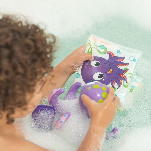 Nuby Floating Purple Octopus with 3 Hoopla Rings Interactive Bath Toy Bath Fun Time Book with Water-Proof Pages and Surprise Squeaker, Early Education, 0 M+ in Kuwait