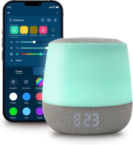 جهاز الصوت والإضاءة من بيبي سينس دريمر، ضوء ليلي RGB قابل للتعديل، عرض الساعة ودرجة الحرارة، مدرب النوم، جدول البرامج، مهدئ للضوضاء باللون الأبيض والوردي والبني، التهويدات والأصوات in Kuwait