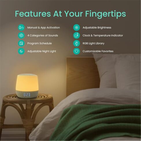 جهاز الصوت والإضاءة من بيبي سينس دريمر، ضوء ليلي RGB قابل للتعديل، عرض الساعة ودرجة الحرارة، مدرب النوم، جدول البرامج، مهدئ للضوضاء باللون الأبيض والوردي والبني، التهويدات والأصوات in Kuwait