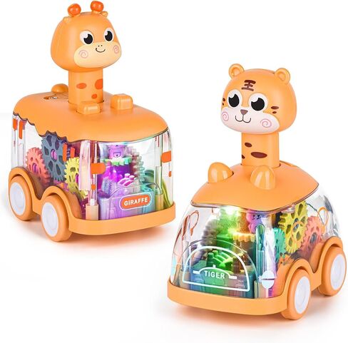 ShinySong Press and Go Car for Toddlers, 2 Pack Light Up Baby Animal Car Toys with Visible Gears, Birthday Gifts for Boys Girls, Giraffe & Tiger in Kuwait