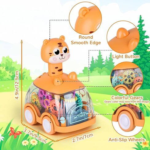 ShinySong Press and Go Car for Toddlers, 2 Pack Light Up Baby Animal Car Toys with Visible Gears, Birthday Gifts for Boys Girls, Giraffe & Tiger in Kuwait