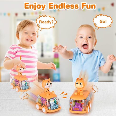 ShinySong Press and Go Car for Toddlers, 2 Pack Light Up Baby Animal Car Toys with Visible Gears, Birthday Gifts for Boys Girls, Giraffe & Tiger in Kuwait