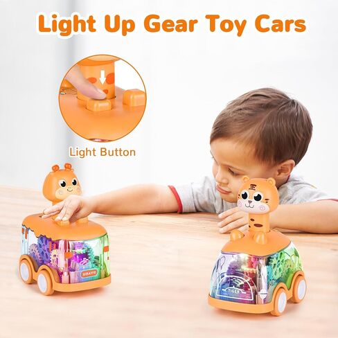 ShinySong Press and Go Car for Toddlers, 2 Pack Light Up Baby Animal Car Toys with Visible Gears, Birthday Gifts for Boys Girls, Giraffe & Tiger in Kuwait
