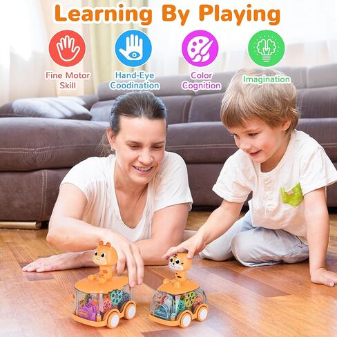 ShinySong Press and Go Car for Toddlers, 2 Pack Light Up Baby Animal Car Toys with Visible Gears, Birthday Gifts for Boys Girls, Giraffe & Tiger in Kuwait