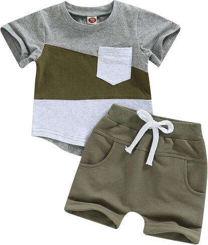 Toddler Baby Boy Summer Clothes Contrast Color Short Sleeve Shirt Top Shorts Casual Baby Boy Shorts Set in Kuwait