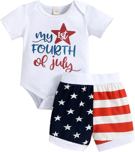 My First 4th of July Newborn Baby Boy Outfits American Flag Summer Romper Pants Independence Day 2PCS Set in Saudi Arabia