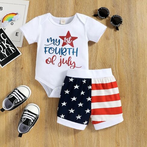 My First 4th of July Newborn Baby Boy Outfits American Flag Summer Romper Pants Independence Day 2PCS Set in Saudi Arabia