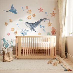 funlife Watercolor Wall Decals Peel and Stick, Ocean Animals Wall Stickers, Under The Sea Wall Decal Stickers for Kids Room Bedroom Playroom Nursery Room, Flying Fish & Dolphin