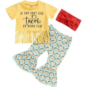 Toddler Baby Girls Cow Print Bell Bottoms Outfits Short Sleeve T Shirt Tops Cowgirl Summer 2Pcs Sets in Kuwait