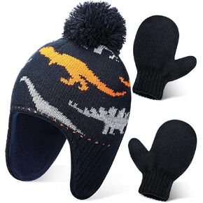 Baby Knitted Winter Hat and Gloves Set, Toddler Knit Snow Lined Hat and Gloves for 1-2 Years Old Girls Boys