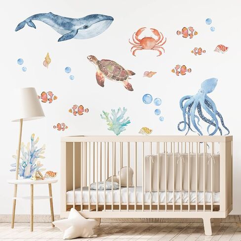 funlife Watercolor Wall Decals Peel and Stick, Ocean Animals Wall Stickers, Under The Sea Wall Decal Stickers for Kids Room Bedroom Playroom Nursery Room, Flying Fish & Dolphin in Kuwait