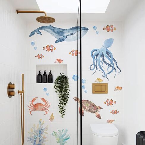 funlife Watercolor Wall Decals Peel and Stick, Ocean Animals Wall Stickers, Under The Sea Wall Decal Stickers for Kids Room Bedroom Playroom Nursery Room, Flying Fish & Dolphin in Kuwait
