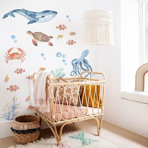 funlife Watercolor Wall Decals Peel and Stick, Ocean Animals Wall Stickers, Under The Sea Wall Decal Stickers for Kids Room Bedroom Playroom Nursery Room, Flying Fish & Dolphin in Kuwait
