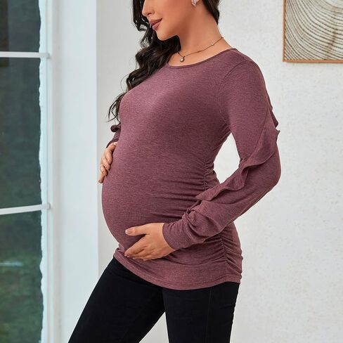 GINKANA Maternity Tops Ruffle Long Sleeve Maternity Shirts Cute Pregnancy Mama Tee Tops Casual Blouses for Baby Shower in Saudi Arabia