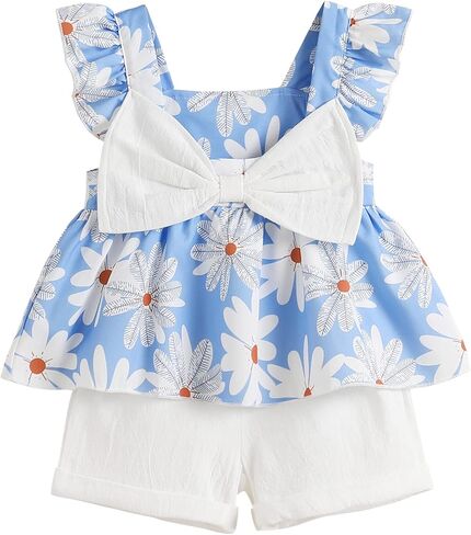 YOUNGER TREE Toddler Baby Girl Clothes Sleeveless Ruffle Bowknot Dress Top Shorts Set Summer Outfits for Little Kids Girls in Kuwait