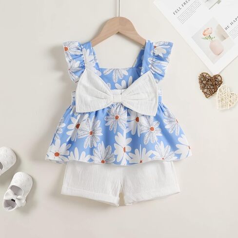 YOUNGER TREE Toddler Baby Girl Clothes Sleeveless Ruffle Bowknot Dress Top Shorts Set Summer Outfits for Little Kids Girls in Kuwait