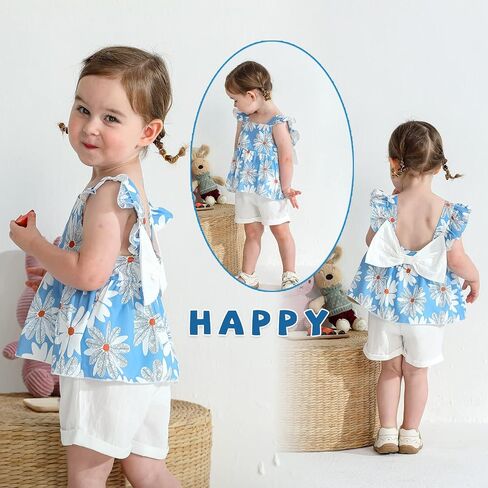 YOUNGER TREE Toddler Baby Girl Clothes Sleeveless Ruffle Bowknot Dress Top Shorts Set Summer Outfits for Little Kids Girls in Kuwait