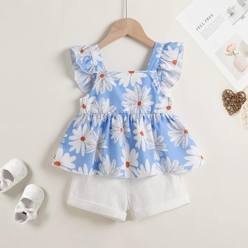 YOUNGER TREE Toddler Baby Girl Clothes Sleeveless Ruffle Bowknot Dress Top Shorts Set Summer Outfits for Little Kids Girls in Kuwait