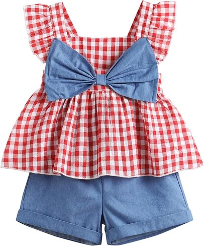 YOUNGER TREE Toddler Baby Girl Clothes Sleeveless Ruffle Bowknot Dress Top Shorts Set Summer Outfits for Little Kids Girls in Kuwait