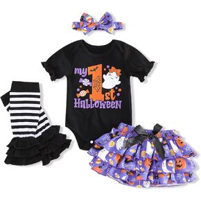 Menglang My First Halloween Outfits Baby Girl Newborn Skull Print Romper Dots Shorts with Leg Warmer Clothes Sets