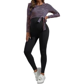 OYOANGLE Women's Maternity Striped Zipper Round Neck Colorblock Long Sleeve Belted Loose Long Pants Casual Jumpsuit in Saudi Arabia