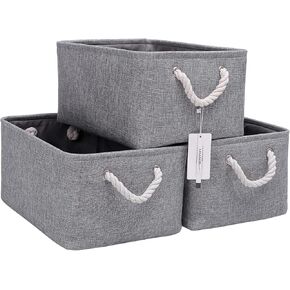 Fabric Storage Basket Set of 3, Foldable Linen Storage Box for Nursery and Home, Collapsible Canvas Shelf Basket for Wardrobe or Bedroom, Black and White