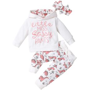 PigMaMa Infant 3 Pcs Baby Girl Clothes Sets Long Sleeve Hoodie Shirt Tops Dinosaur Pant Headband Outfits