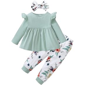Toddler Girl Baby Clothes Solid Color Ruffle Tops Floral Pants Sets with Headband Little Girl Outfits in Saudi Arabia