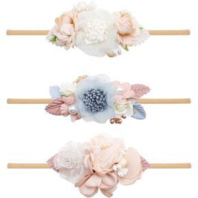 cherrboll 3pcs Baby Girl Headbands Flowers, Super Soft & Stretchy Nylon Floral Hairbands for Newborn Toddler