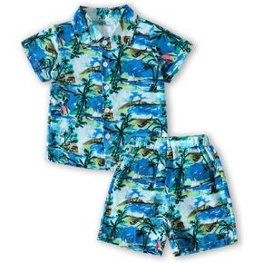 MHSH Baby Boy Hawaiian Shorts Sets Tropical Outfit, Toddlers 2 Pcs Summer Clothes Set Short Sleeve Shirt Tops and Pants