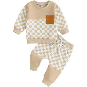 YINGISFITM Toddler Baby Boy Fall Clothes Long Sleeve Checkerboard Block Crewneck Sweatshirt Top Pants Winter Outfit Set