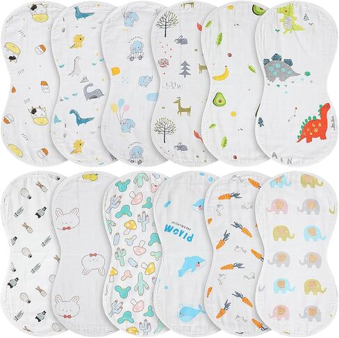 Peryiter 12 Pcs Muslin Burp Cloths 20'' x 10'' 6 Layers Cotton Burping Clothes Animal Fruit Theme Soft Burp Rags Burpy Cloth Bib Hand Muslin Washcloths Absorbent Newborn Face Towels for Baby Boy Girl in Saudi Arabia