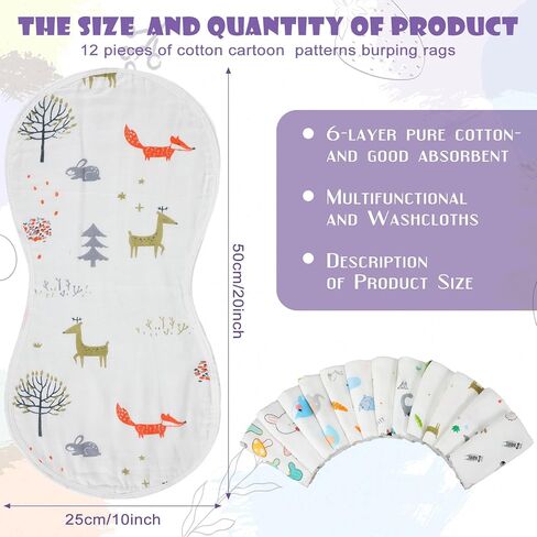 Peryiter 12 Pcs Muslin Burp Cloths 20'' x 10'' 6 Layers Cotton Burping Clothes Animal Fruit Theme Soft Burp Rags Burpy Cloth Bib Hand Muslin Washcloths Absorbent Newborn Face Towels for Baby Boy Girl in Saudi Arabia