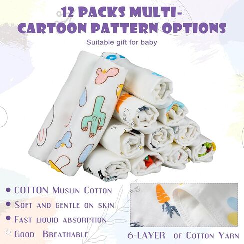 Peryiter 12 Pcs Muslin Burp Cloths 20'' x 10'' 6 Layers Cotton Burping Clothes Animal Fruit Theme Soft Burp Rags Burpy Cloth Bib Hand Muslin Washcloths Absorbent Newborn Face Towels for Baby Boy Girl in Saudi Arabia