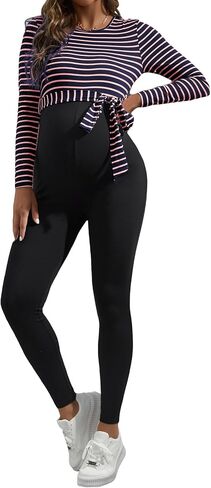 OYOANGLE Women's Maternity Striped Zipper Round Neck Colorblock Long Sleeve Belted Loose Long Pants Casual Jumpsuit in Saudi Arabia