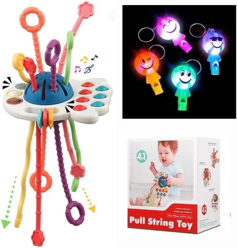 Montessori Toys for 18M+, Food Grade Soft Colorful Pull String Rattle Puzzle Rope Activity Sensory Baby Teething Toddlers Toy Sound Fine Motor Skill Nursery Car Crib Accessory Travel Bath 1 2 3 4 year in Kuwait