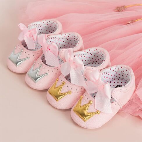 Meckior Infant Baby Girls Crown Mary Jane Soft Sole Bowknot Princess Shoes Newborn Prewalker Wedding Dress Flats Toddler Sneaker in Kuwait