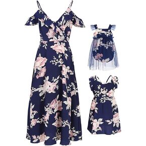 PopReal Mommy and Me Dresses Floral Print Cold Shoulder Ruffle Backless Strap Romper Beach Midi Dress Summer