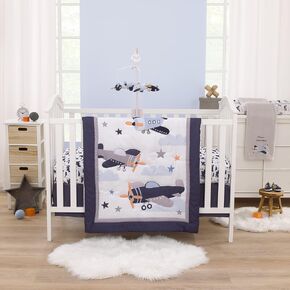 NoJo Little Love National Park Navy Buffalo Check, Gray, Blue, and Brown Camping Bear, Deer, and Fox 3 Piece Nursery Crib Bedding Set - Comforter, Fitted Crib Sheet, and Crib Skirt