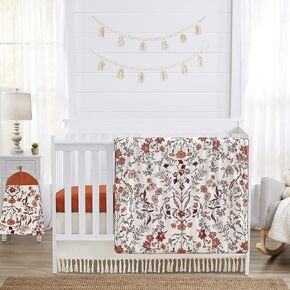 Sweet Jojo Designs Ivory and Orange Boho Vintage Floral Girl Baby Crib Bedding Set Infant Nursery Room Blanket Fitted Sheet Skirt Diaper Stacker 4p Bohemian Rust Daisy Botanical Green Fringe Tassel