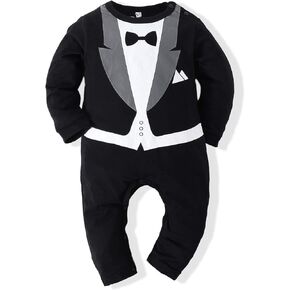 Kimocat Baby Boy Romper Tuxedo Jumpsuit Gentleman One-Piece Button-Down Bowtie Wedding Suit Bodysuit