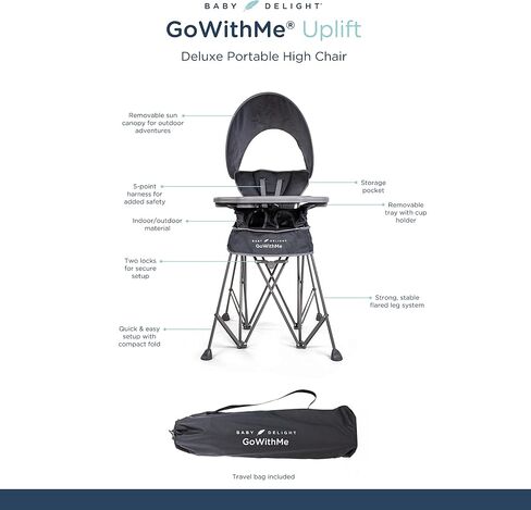 Baby Delight Go with Me Uplift Deluxe Portable High Chair, Blue Wave | Indoor & Outdoor, Removable Sun Canopy, Removable 5-Point Harness & Tray, Cup Holder, Travel Bag Included in Saudi Arabia