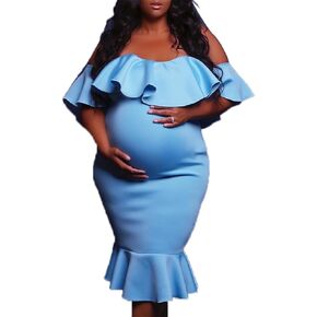 Off The Shoulder Maternity Dress Summer, Elegant Baby Shower Dress Bodycon Mermaid Midi with Ruffle Short Sleeves for Women in Saudi Arabia