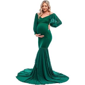 ZIUMUDY Maternity Fitted Mermaid Gown for Photoshoot Long Sleeve Tiered Chiffon Skirt Photo Props Dress