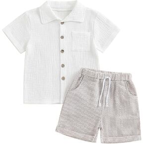 Toddler Baby Boy Summer Outfit Cotton Linen Short Sleeve Button Down Shirt Elastic Waist Shorts 2Pcs Casual Clothes in Saudi Arabia