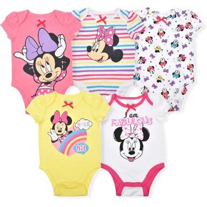 Disney Minnie Mouse Girls’ 5 Pack Bodysuits for Newborn and Infant – Red/White/Black